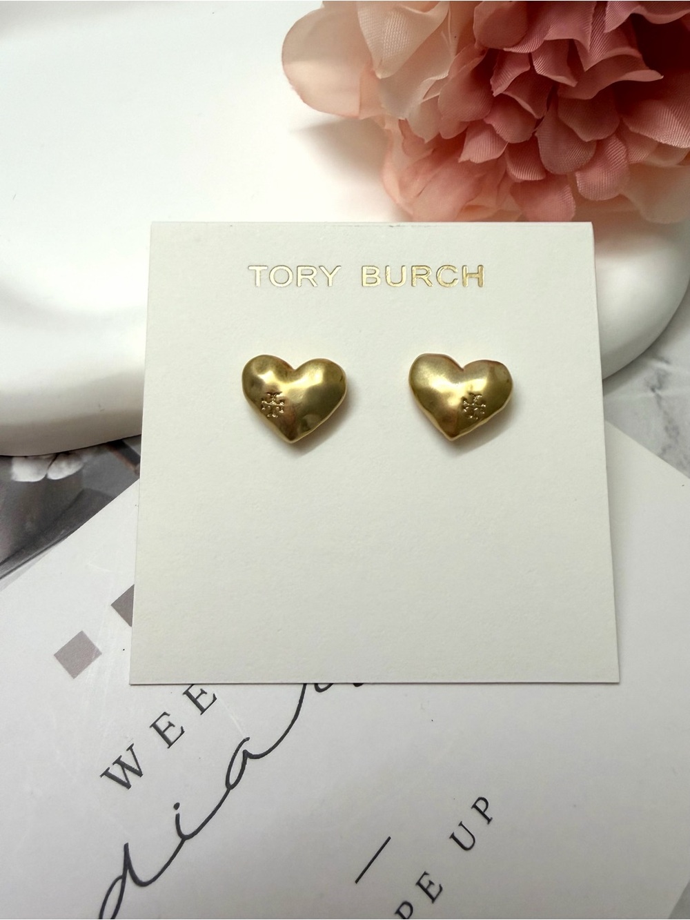 Tory Burch Gold Heart Stud Earrings with Logo Detail